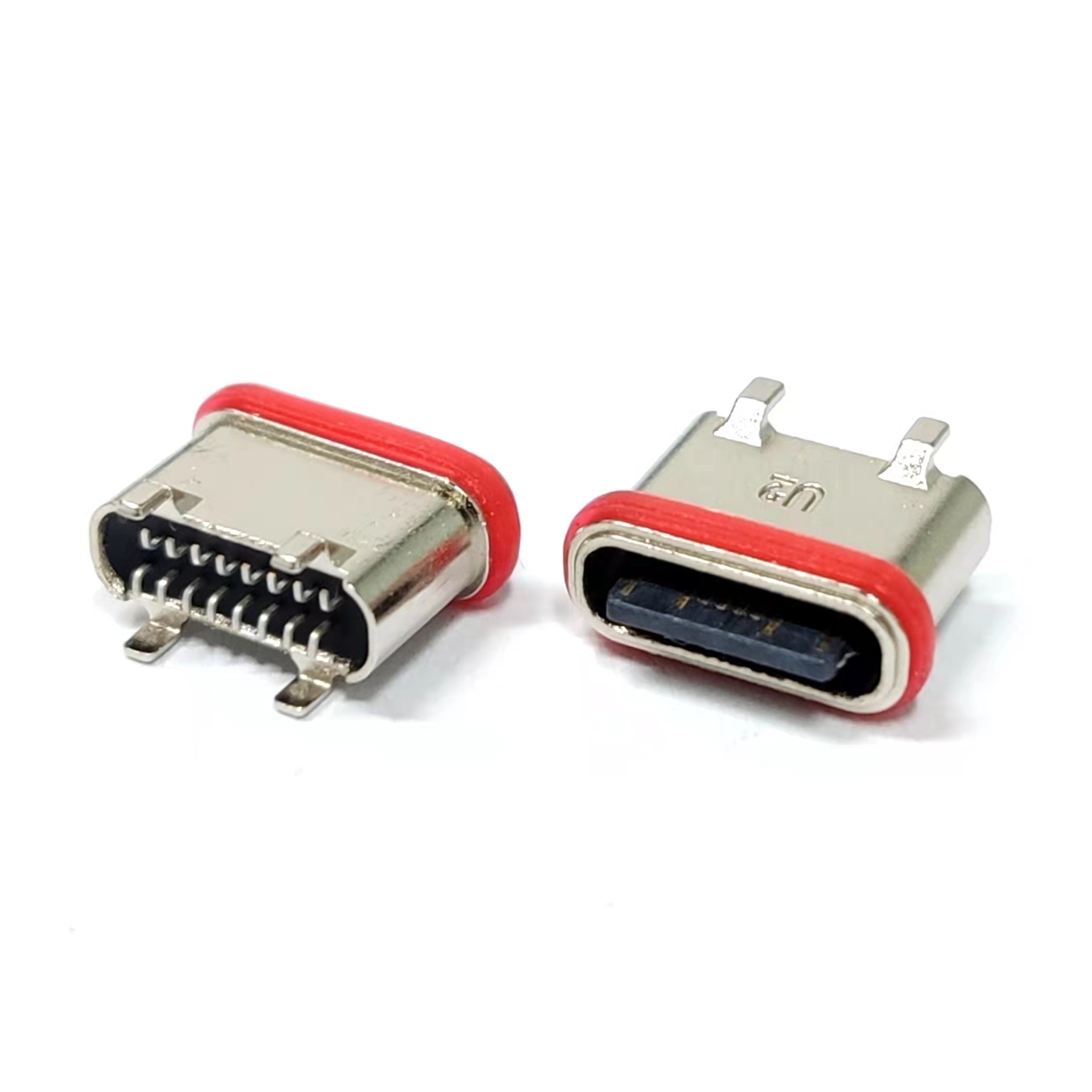 TYPE-C 16P防水母座 立式貼板四腳插 U型口粉末冶金外殼