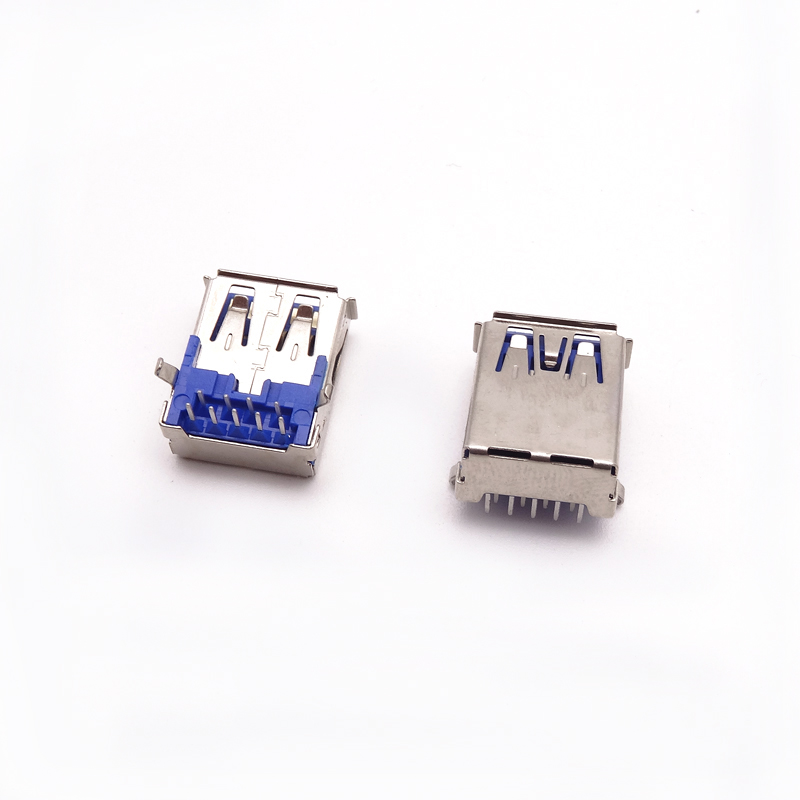 USB 3.0母座 90度彎腳DIP插板 帶后蓋 卷邊藍(lán)膠