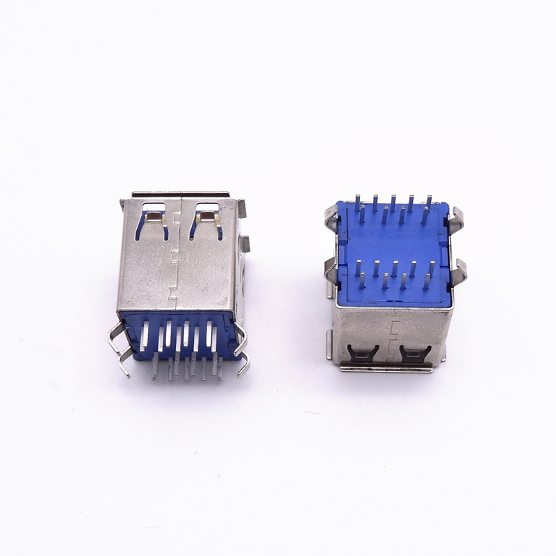 USB 3.0母座 雙層180度彎腳直插母座 卷邊