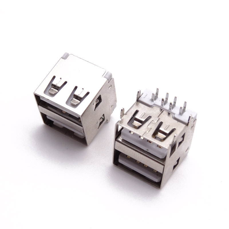 USB 2.0母座 雙層13.1長(zhǎng)短體 90度四腳插板 直邊白膠