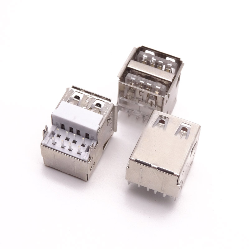 USB 2.0母座 雙層沉板90度插板 白膠/透明膠芯 卷邊/直邊