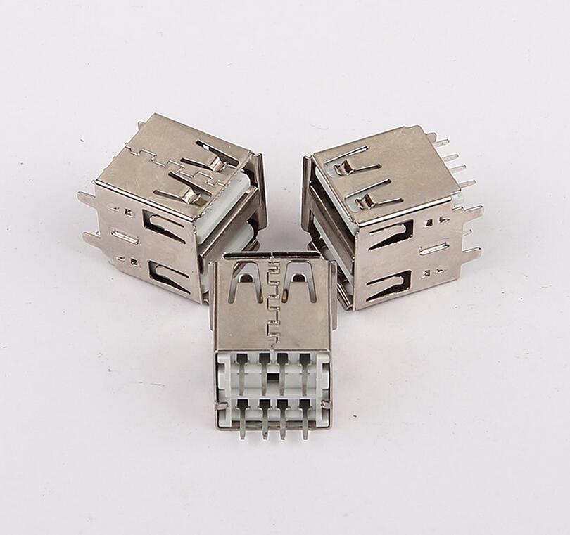 USB 2.0雙層母座 180度直插14.2長(zhǎng) 卷邊直腳 白膠